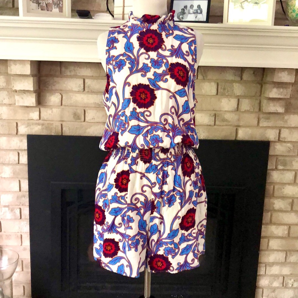 Gibson Floral Elastic Waist High Ruffle Neck Sleeveless Romper size Large